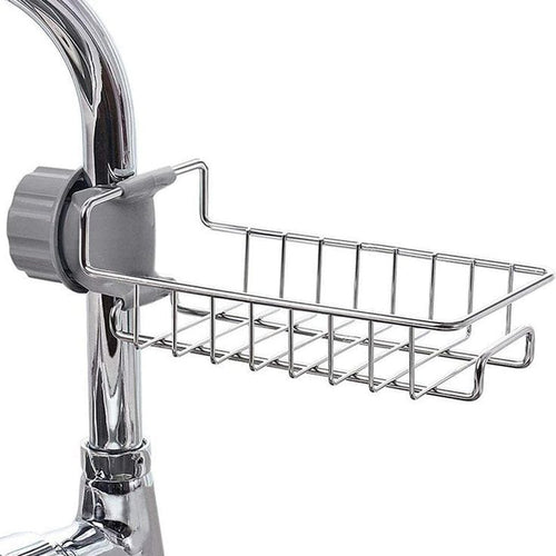 Stainless Steel Kitchen Sink Caddy Organizer, Adjustable Faucet Clamp Sponge Holder with Drainage, Multifunctional Storage Rack for Soap and Scrubber