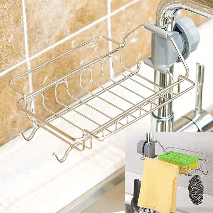 Stainless Steel Kitchen Sink Caddy Organizer, Adjustable Faucet Clamp Sponge Holder with Drainage, Multifunctional Storage Rack for Soap and Scrubber
